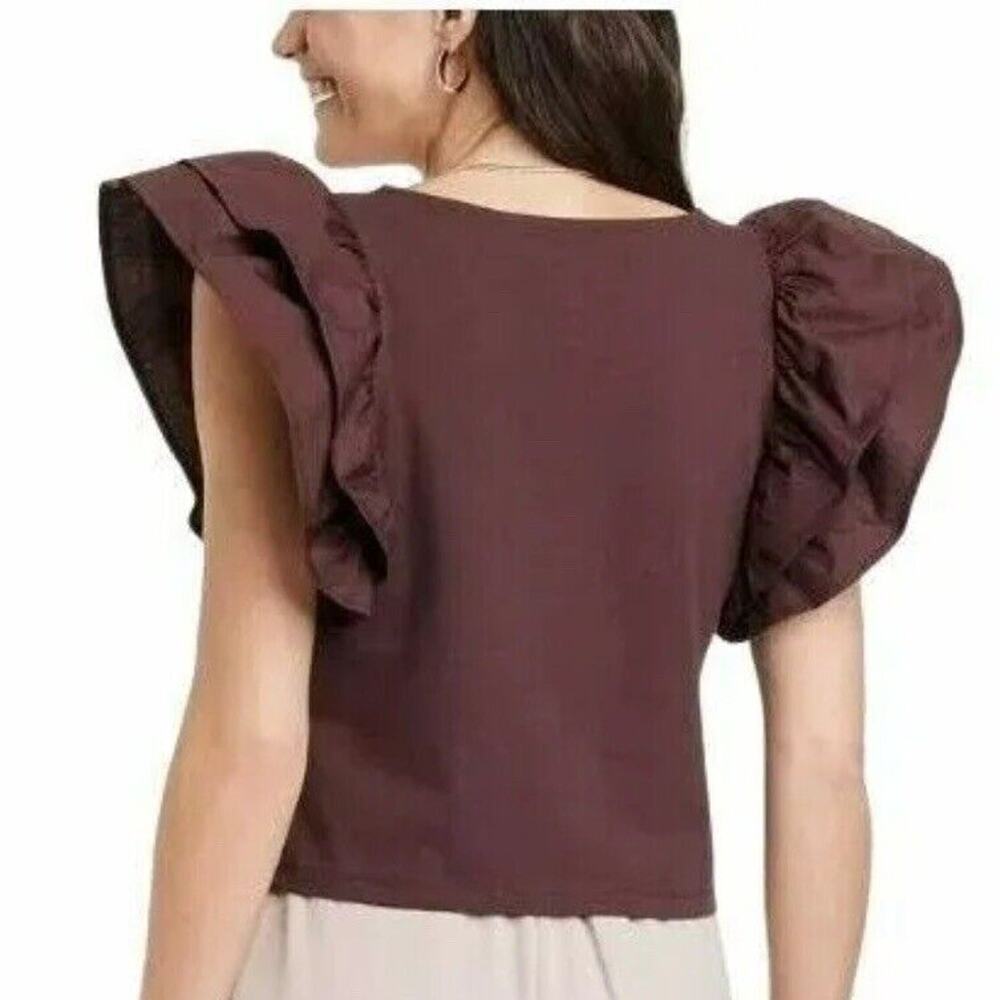 A New Day Crop Top Double Flutter Short Sleeve Slim Fit Brown Cotton Women’s L - Picture 2 of 7